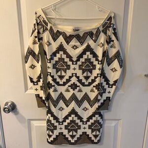Express Cream and Brown Geometric Mini Dress